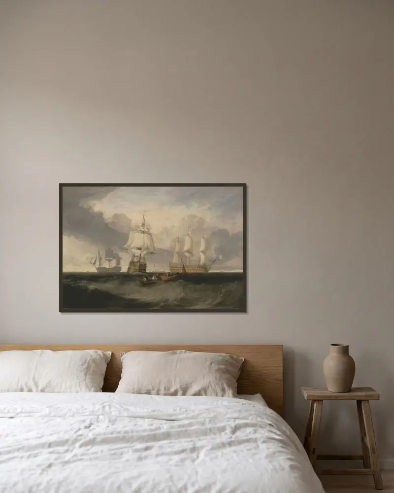 The Victory Returning from Trafalgar, in Three Positions av Joseph Mallord William Turner inramad på en vägg