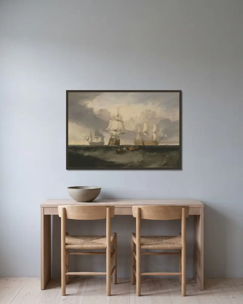 The Victory Returning from Trafalgar, in Three Positions av Joseph Mallord William Turner inramad på en vägg