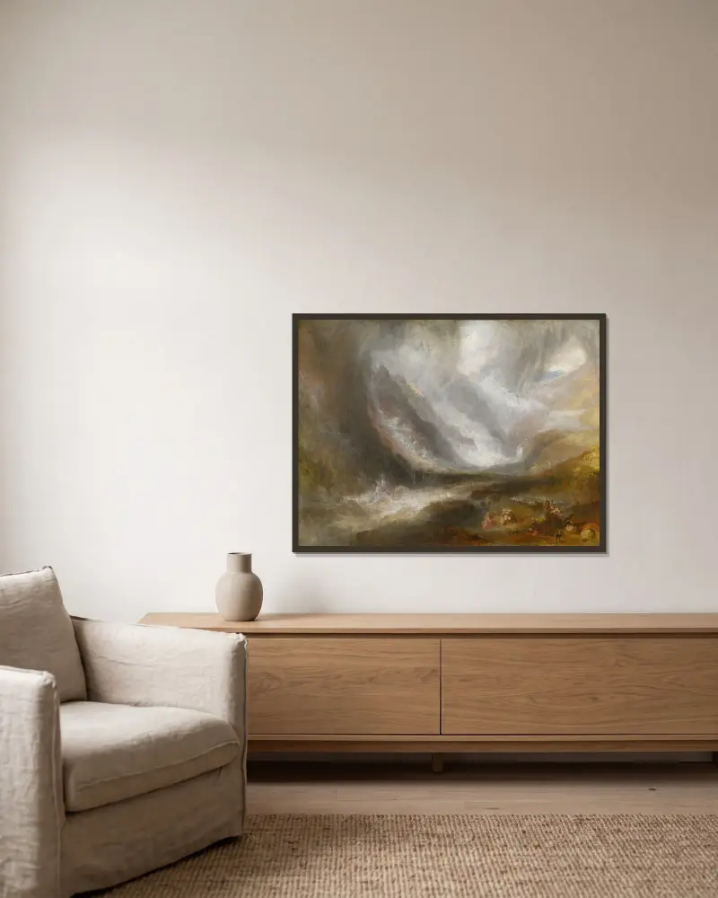 Valley of Aosta; Snowstorm, Avalanche, and Thunderstorm av Joseph Mallord William Turner inramad på en vägg
