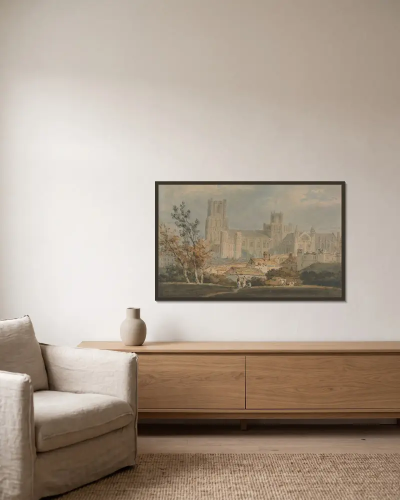 Blick auf die Kathedrale von Ely von Joseph Mallord William Turner gerahmt an einer Wand
