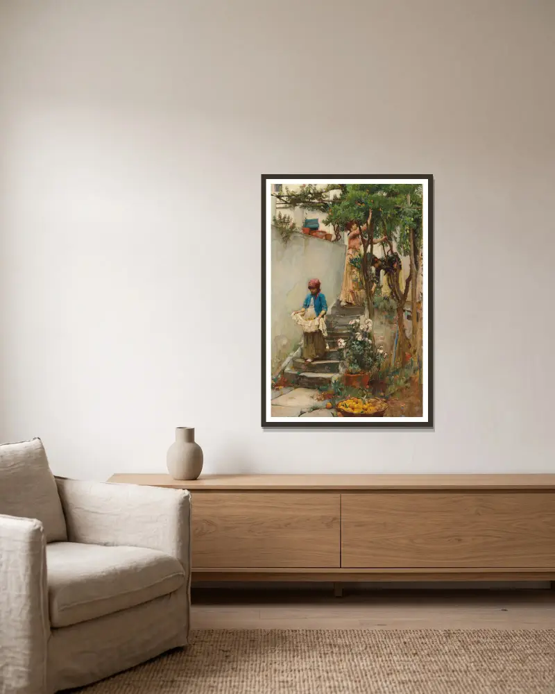 Ein Orangengarten von John William Waterhouse gerahmt an einer Wand