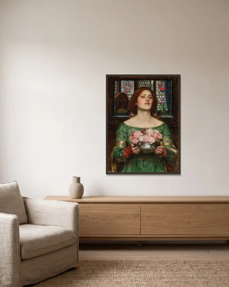 Gather Ye Rosebuds While Ye May av John William Waterhouse inramad på en vägg