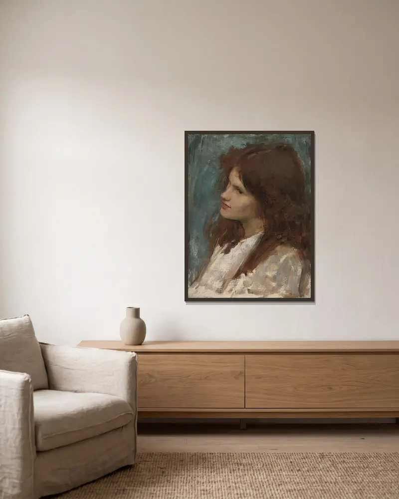 Head of a Girl av John William Waterhouse inramad på en vägg
