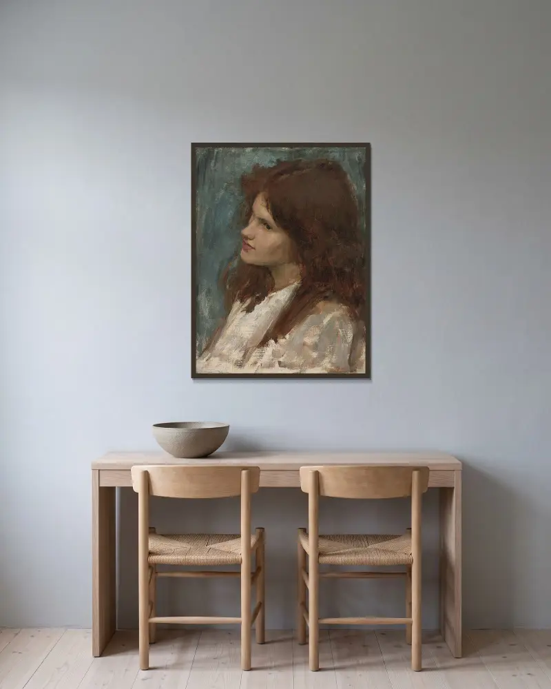 Head of a Girl av John William Waterhouse inramad på en vägg