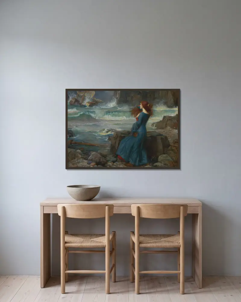 Miranda – Der Sturm von John William Waterhouse gerahmt an einer Wand