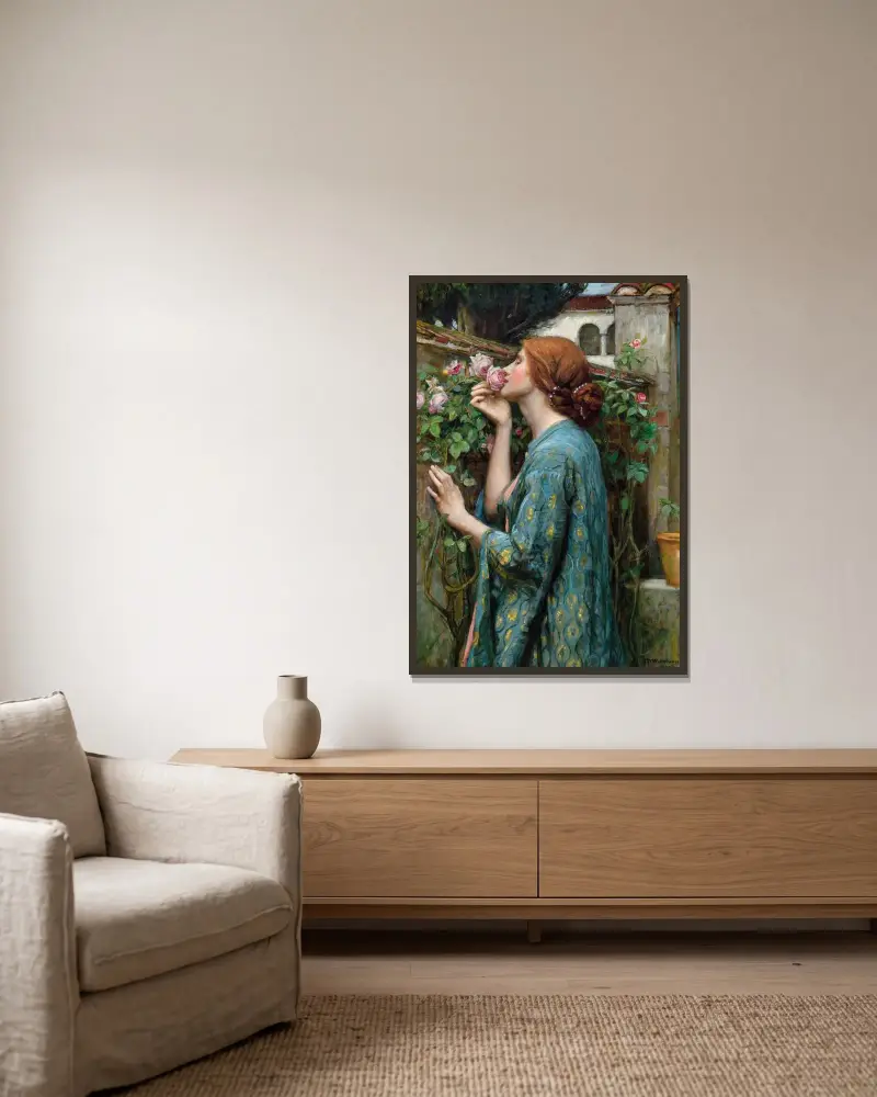 The Soul of the Rose av John William Waterhouse inramad på en vägg