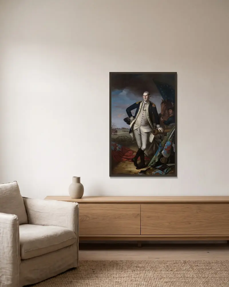 George Washington i slaget vid Princeton av Charles Willson Peale inramad på en vägg