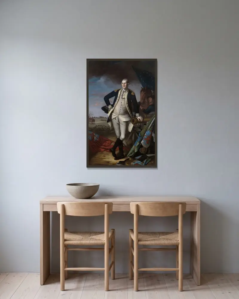 George Washington i slaget vid Princeton av Charles Willson Peale inramad på en vägg