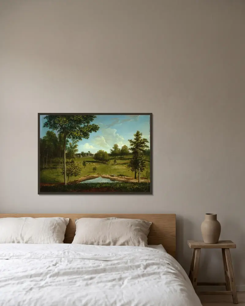 Landskap mot Sellers Hall från Mill Bank av Charles Willson Peale inramad på en vägg