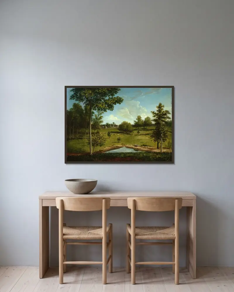 Landskap mot Sellers Hall från Mill Bank av Charles Willson Peale inramad på en vägg