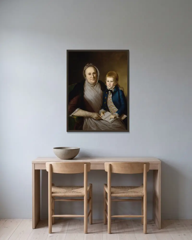 Mrs. James Smith And Grandson av Charles Willson Peale inramad på en vägg