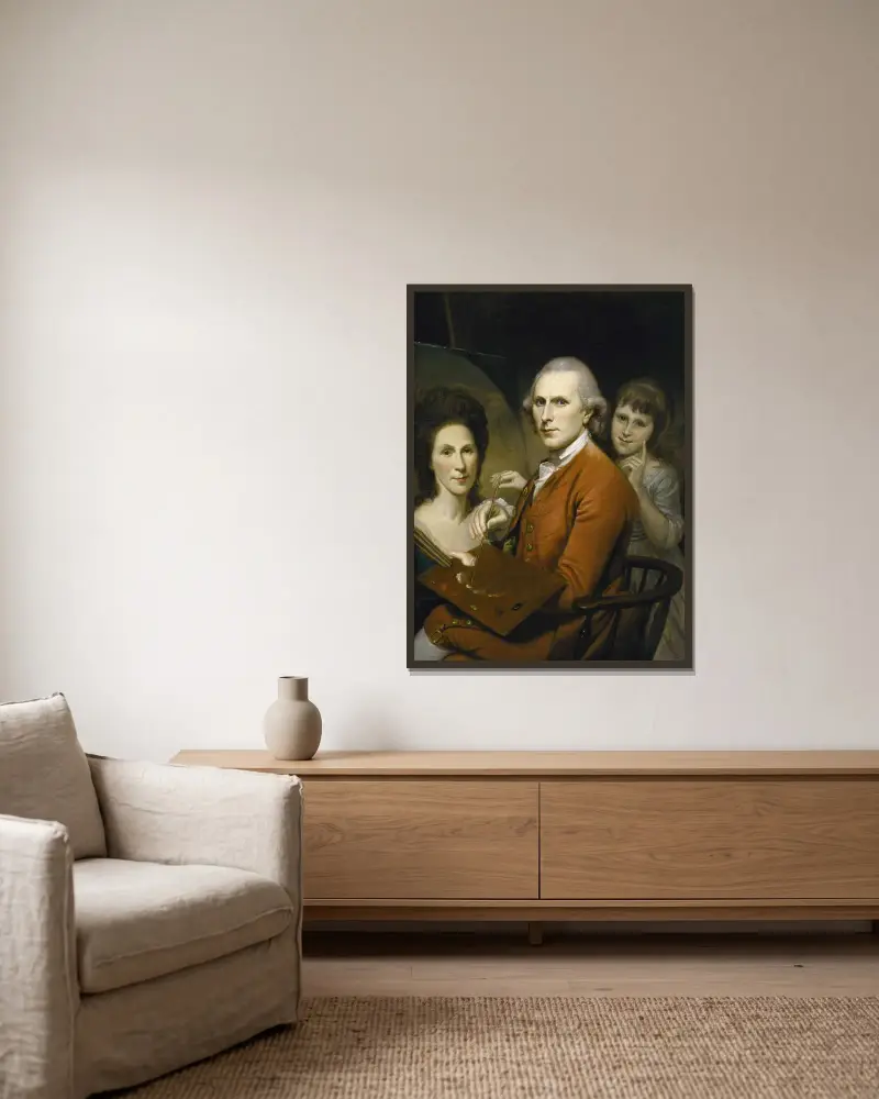Självporträtt med Angelica och porträtt av Rachel av Charles Willson Peale inramad på en vägg