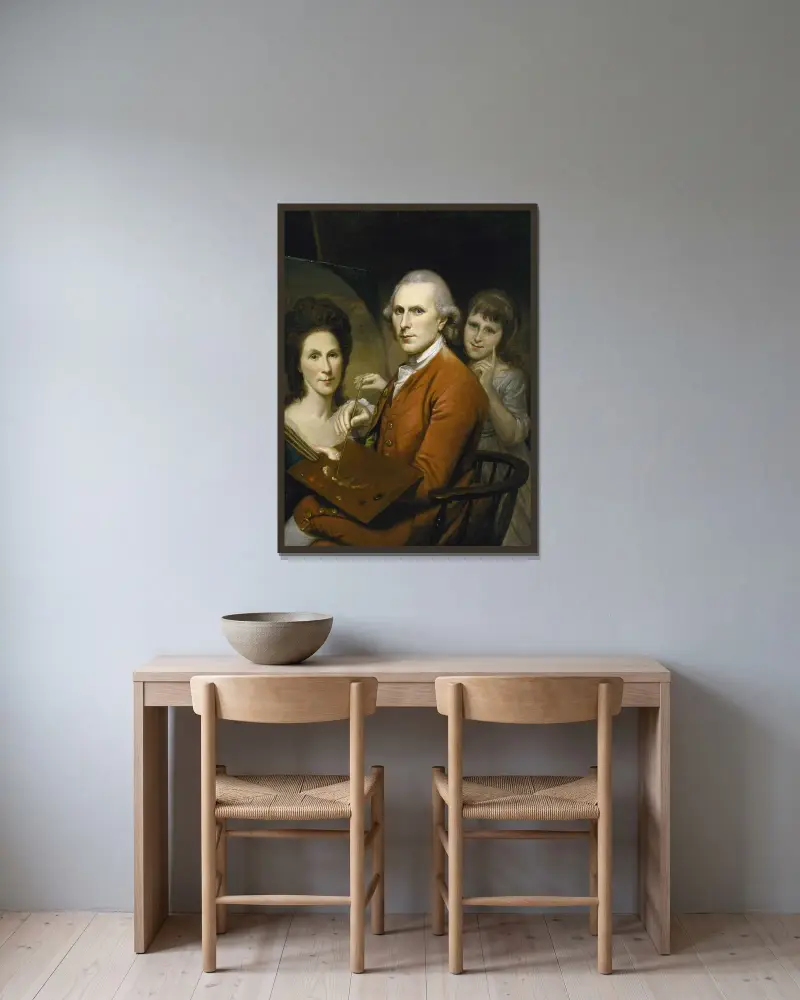 Självporträtt med Angelica och porträtt av Rachel av Charles Willson Peale inramad på en vägg