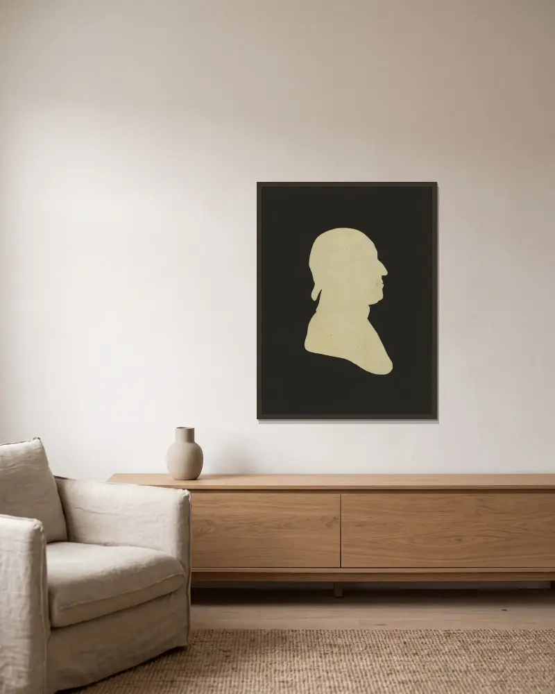 Silhouette of man facing right, no. 1 av Charles Willson Peale inramad på en vägg