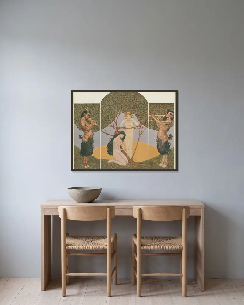 Fauns and nymphs av Willy Pogany inramad på en vägg