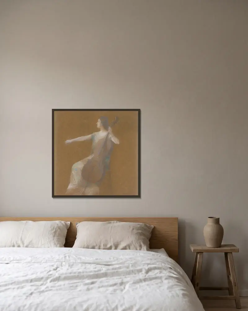 Mädchen mit Cello von Thomas Wilmer Dewing gerahmt an einer Wand