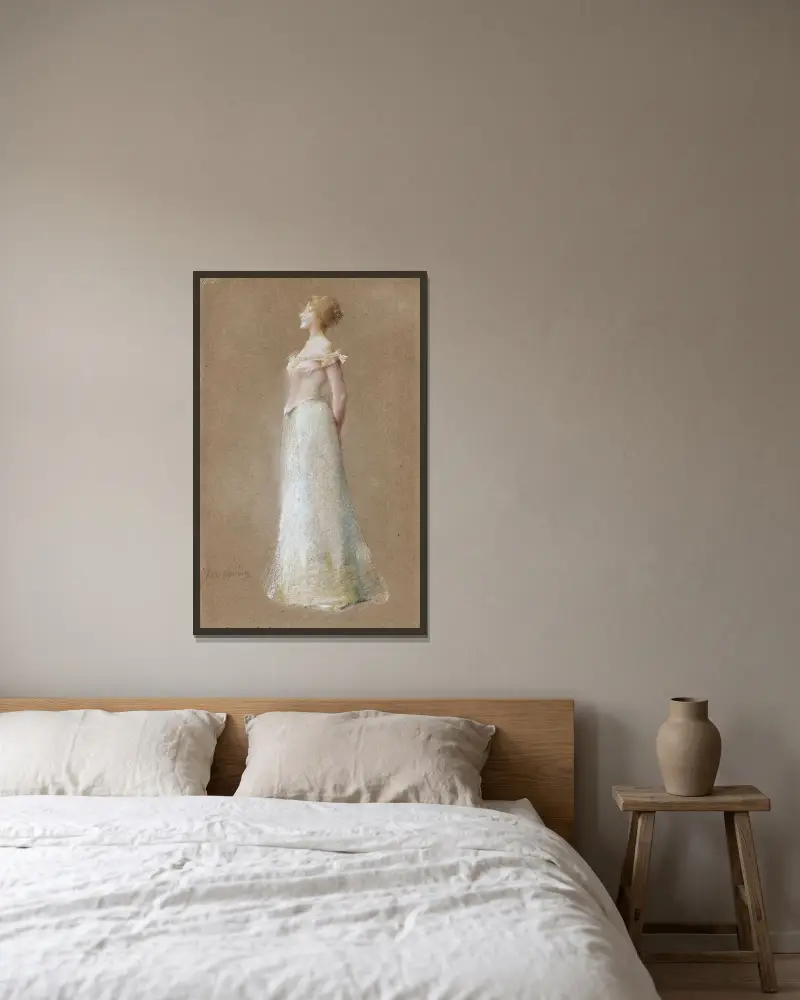 Harmoni i rosa och grått av Thomas Wilmer Dewing inramad på en vägg