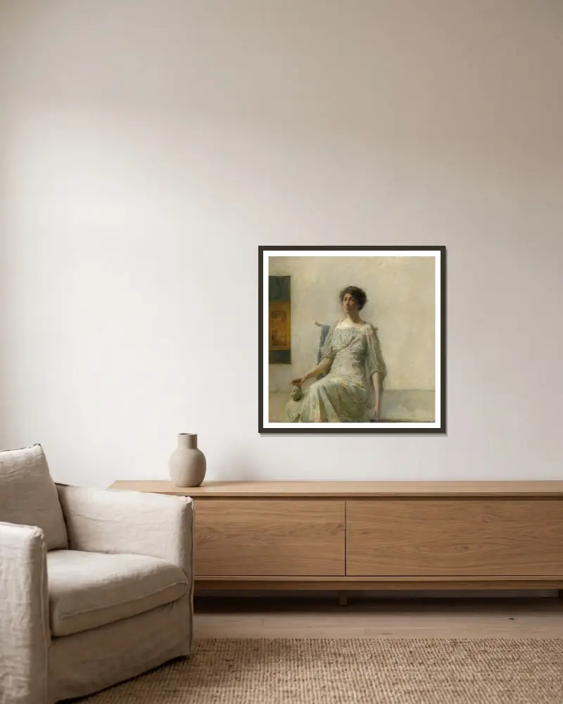 Dame mit Maske von Thomas Wilmer Dewing gerahmt an einer Wand