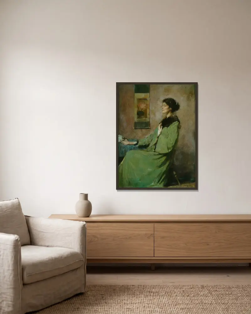 Bildnis einer Dame mit Rose von Thomas Wilmer Dewing gerahmt an einer Wand