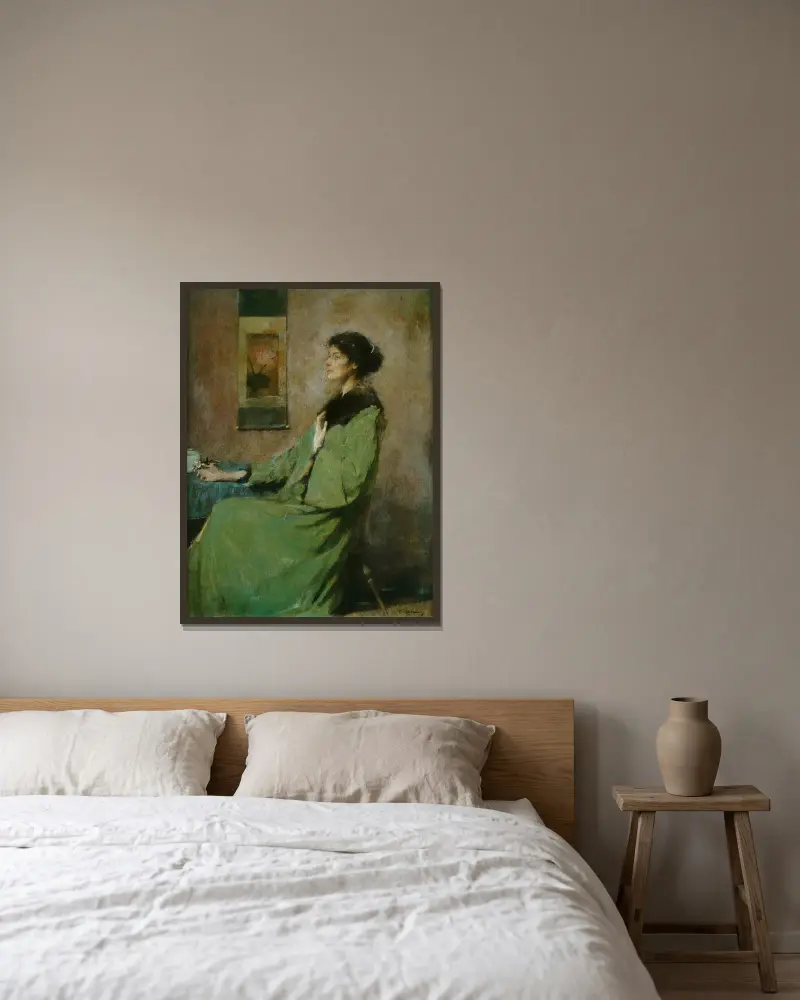 Bildnis einer Dame mit Rose von Thomas Wilmer Dewing gerahmt an einer Wand