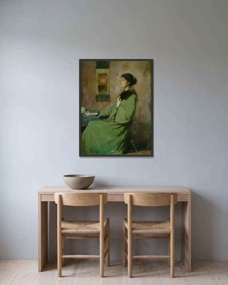 Bildnis einer Dame mit Rose von Thomas Wilmer Dewing gerahmt an einer Wand
