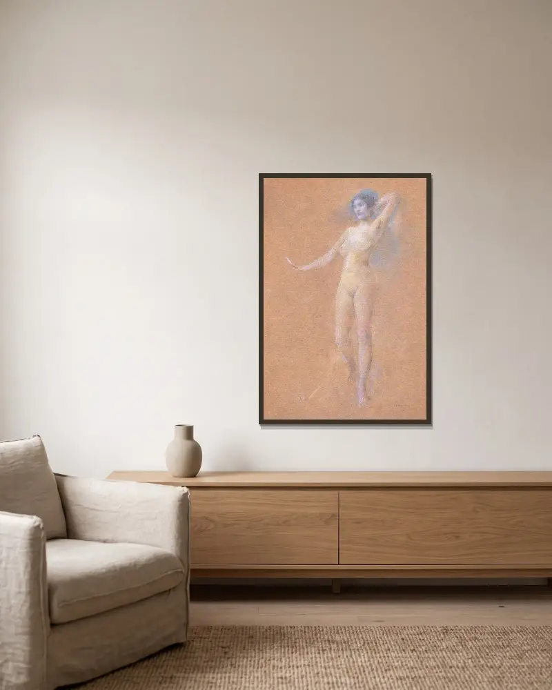 Stående naken flickfigur av Thomas Wilmer Dewing inramad på en vägg
