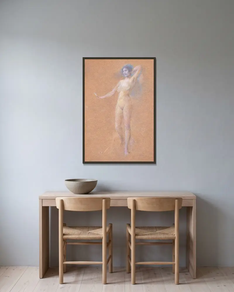Stående naken flickfigur av Thomas Wilmer Dewing inramad på en vägg