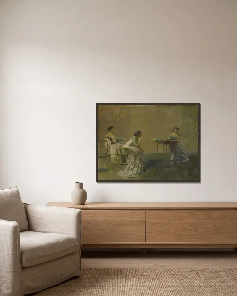 Der Klatsch von Thomas Wilmer Dewing gerahmt an einer Wand