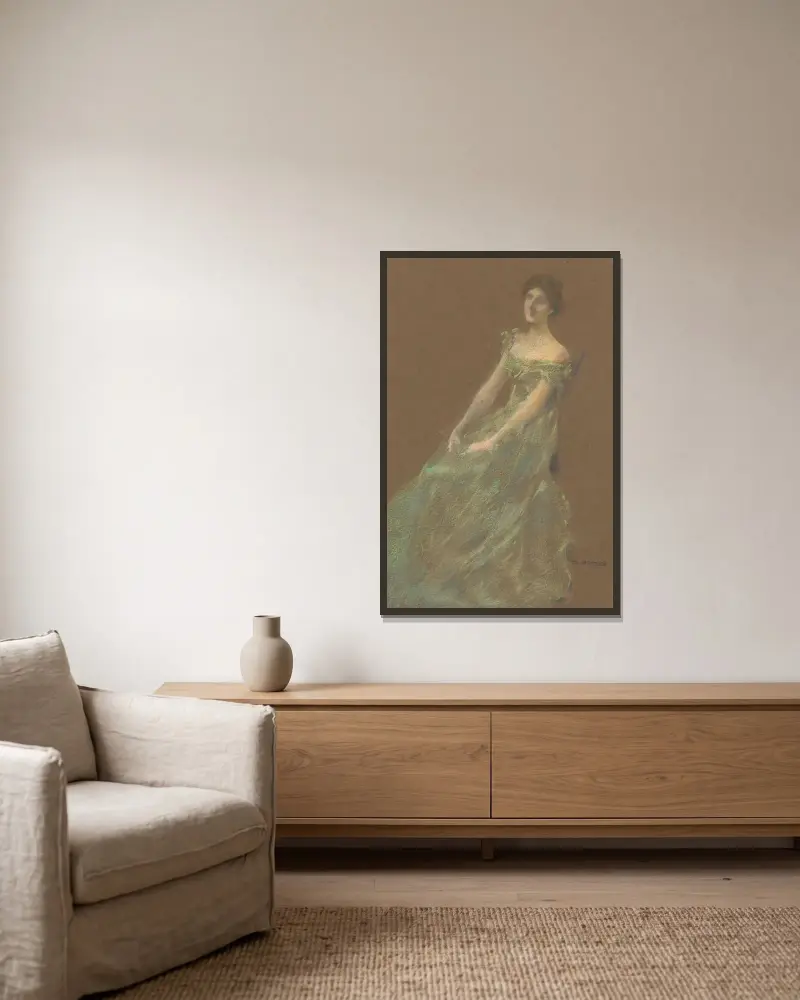 Den gröna klänningen av Thomas Wilmer Dewing inramad på en vägg