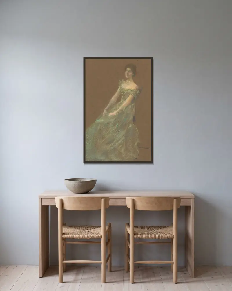Den gröna klänningen av Thomas Wilmer Dewing inramad på en vägg