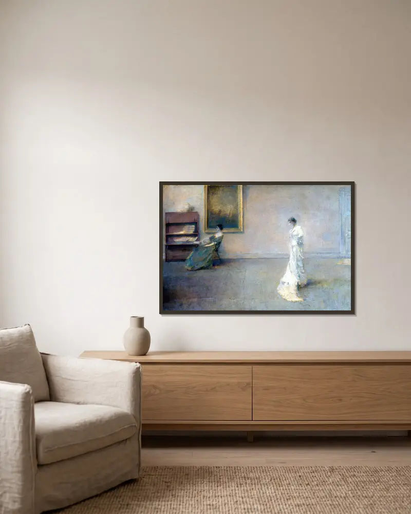 Das weiße Kleid von Thomas Wilmer Dewing gerahmt an einer Wand