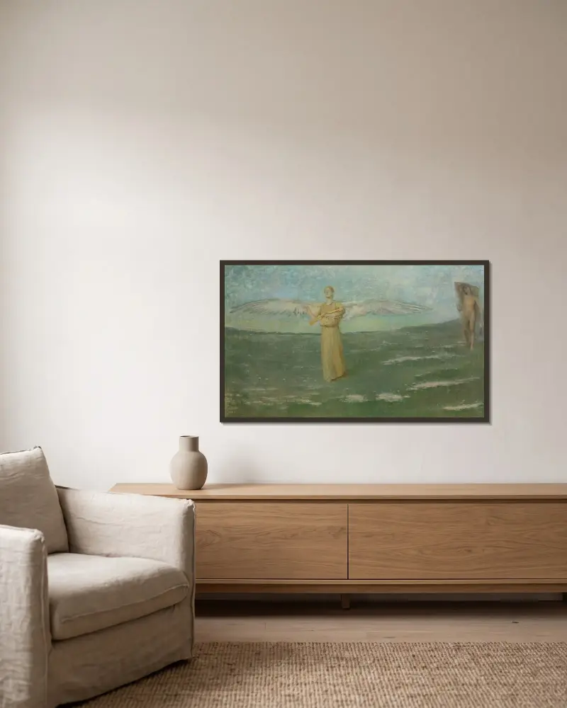 Tobias och ängeln av Thomas Wilmer Dewing inramad på en vägg