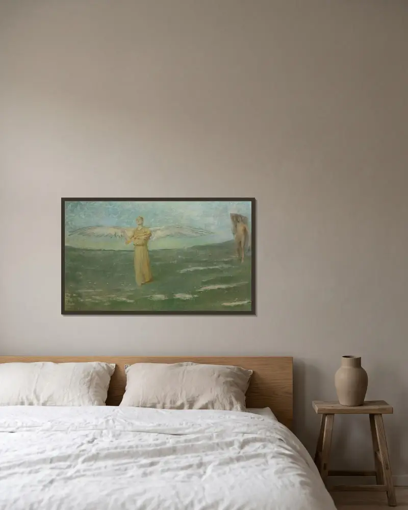 Tobias och ängeln av Thomas Wilmer Dewing inramad på en vägg