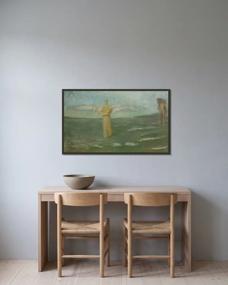 Tobias och ängeln av Thomas Wilmer Dewing inramad på en vägg