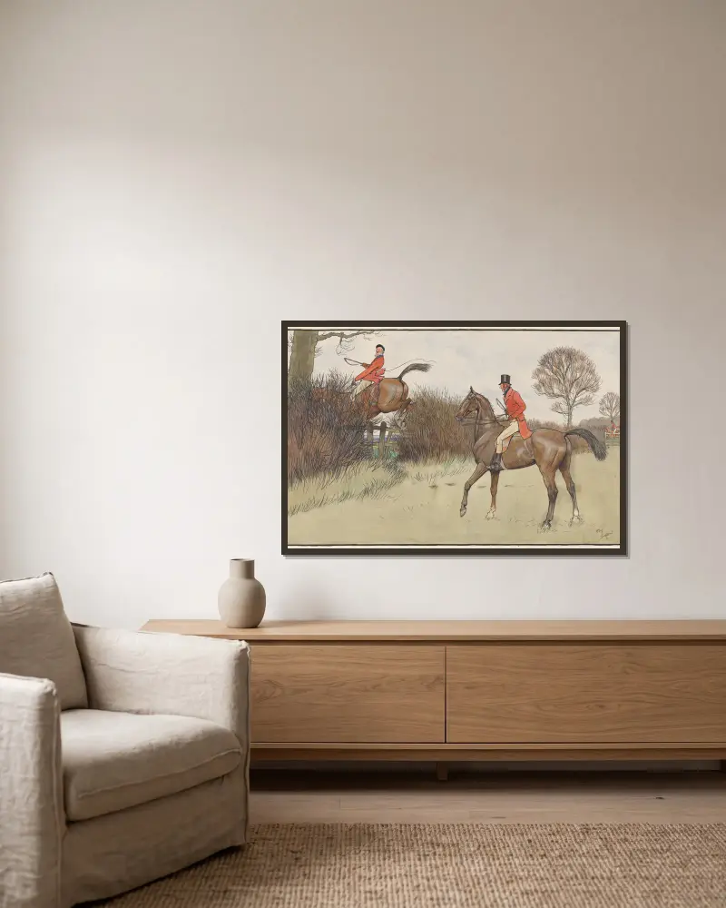 `Ar Never Gets Off’ – Hunting Scene av Cecil Charles Windsor Aldin inramad på en vägg