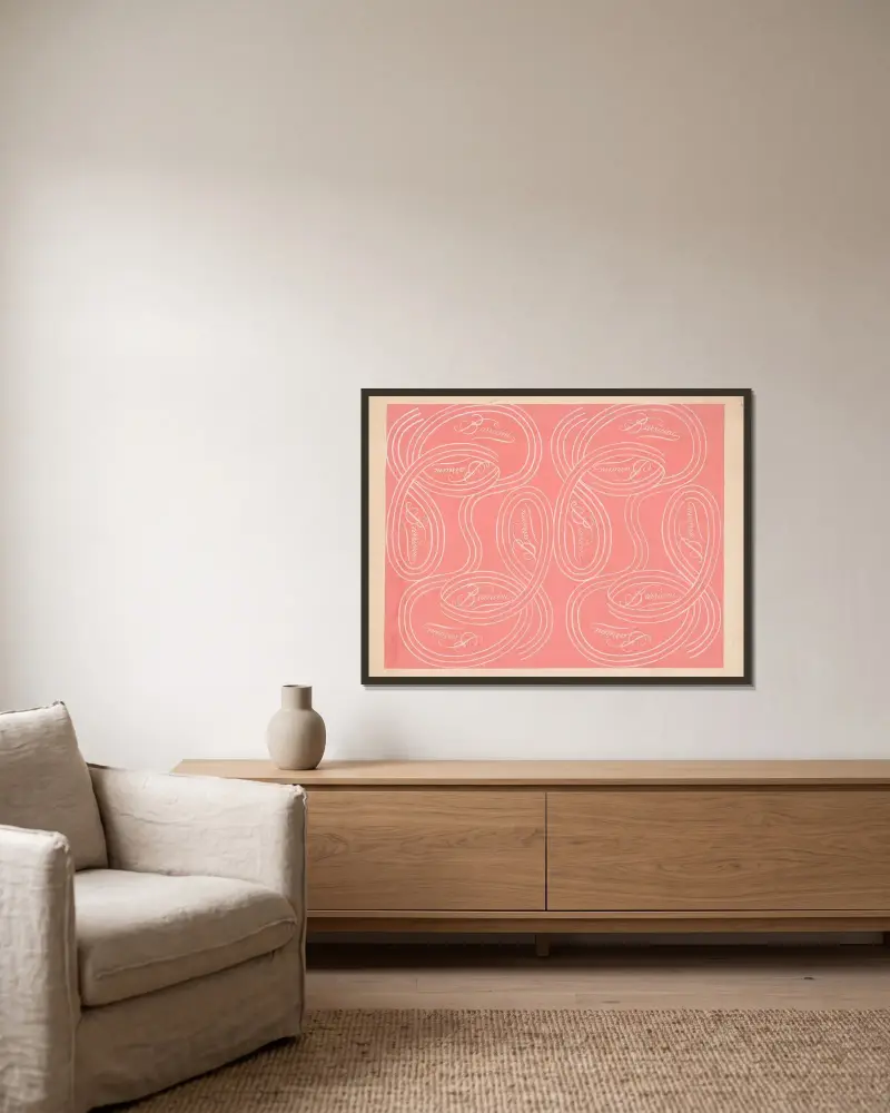 Calligraphic scrolls and script on salmon background von Winold Reiss gerahmt an einer Wand