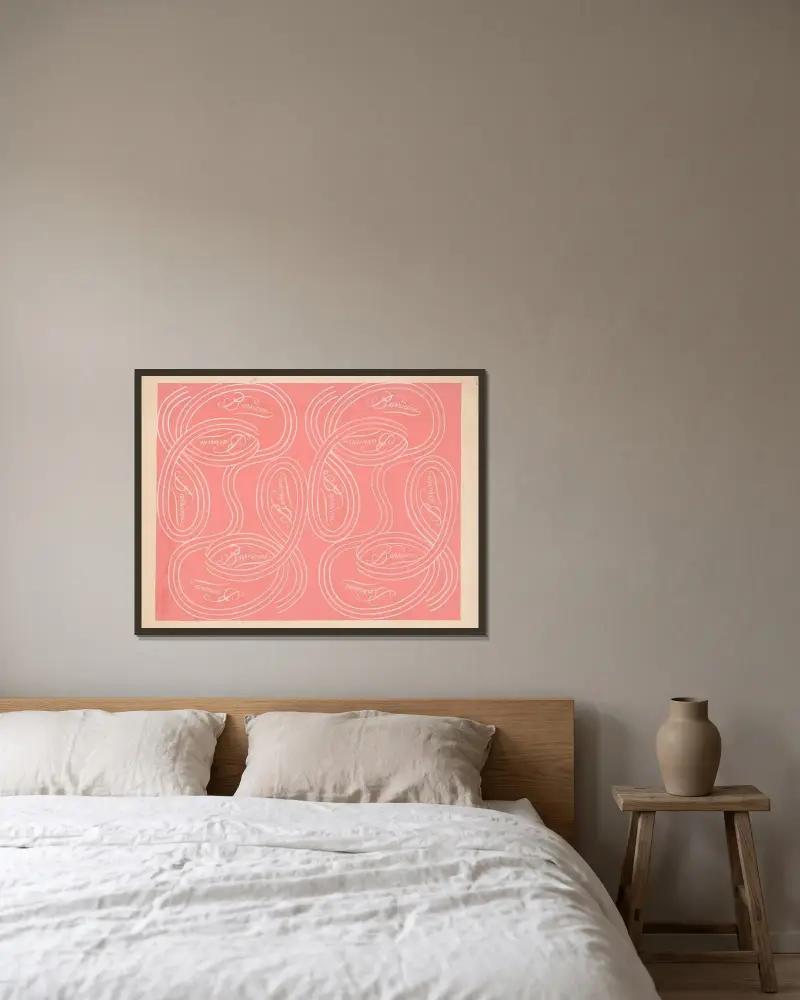 Calligraphic scrolls and script on salmon background von Winold Reiss gerahmt an einer Wand