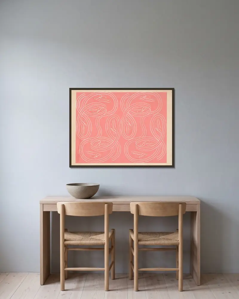 Calligraphic scrolls and script on salmon background von Winold Reiss gerahmt an einer Wand
