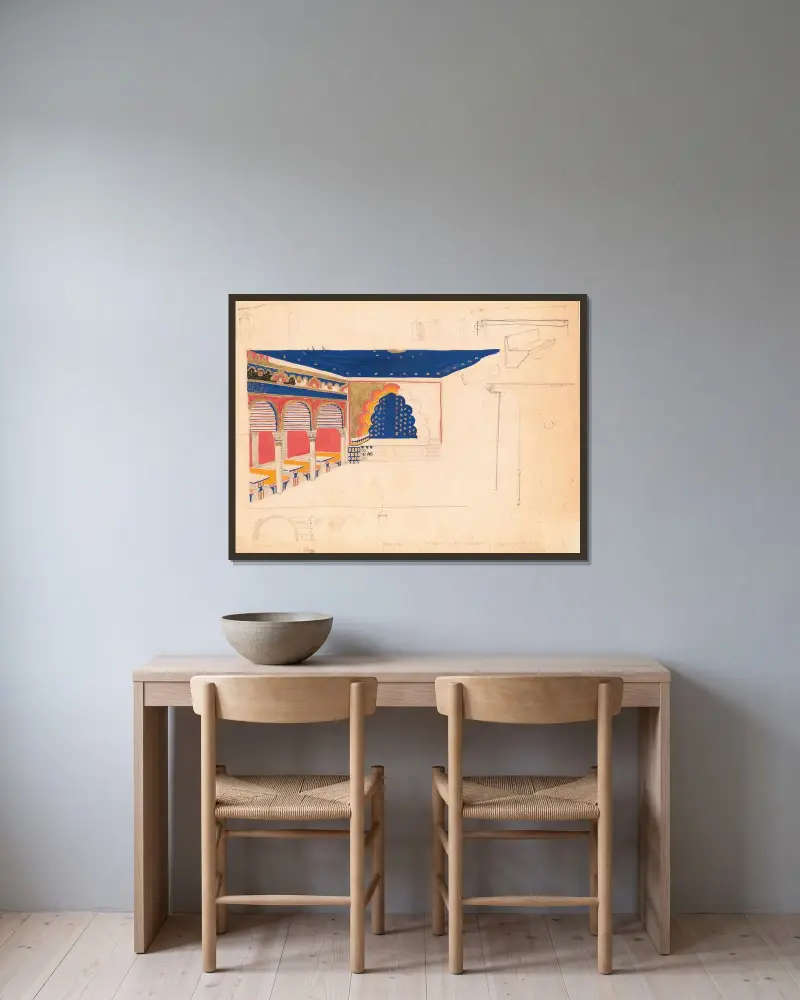 Designskiss för restaurang ('Madrillon Restaurant'), Washington, D.C. – Interiörperspektiv av arkad och scen av Winold Reiss inramad på en vägg