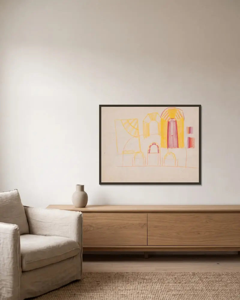 Design drawings for miscellaneous interiors, some possibly related to the Hotel St. George, New York, NY. Sketch for miscellaneous interior av Winold Reiss inramad på en vägg