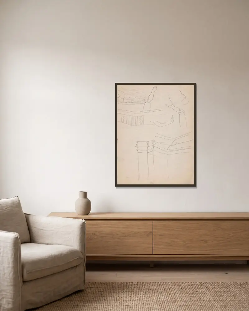 Design drawings for miscellaneous interiors, some possibly related to the Hotel St. George, New York, NY Sketch for miscellaneous interior av Winold Reiss inramad på en vägg
