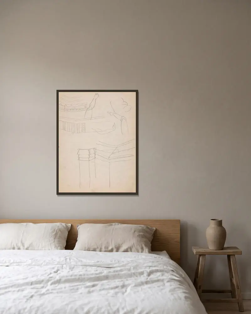 Design drawings for miscellaneous interiors, some possibly related to the Hotel St. George, New York, NY Sketch for miscellaneous interior av Winold Reiss inramad på en vägg