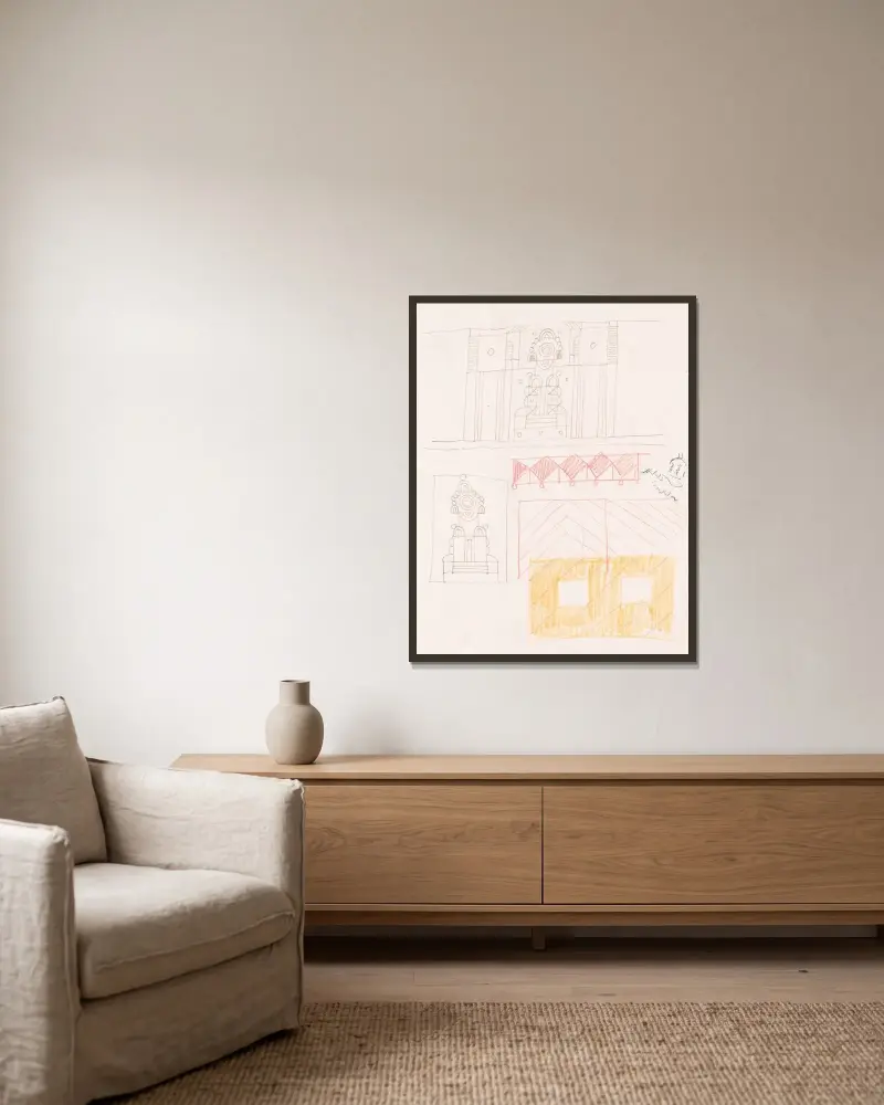 Designskisser för diverse interiörer, några möjligen kopplade till Hotel St. George, New York, NY – skiss för diverse interiör av Winold Reiss inramad på en vägg