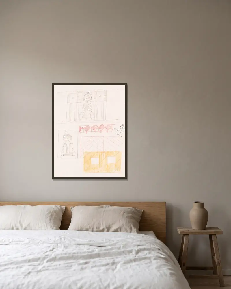Designskisser för diverse interiörer, några möjligen kopplade till Hotel St. George, New York, NY – skiss för diverse interiör av Winold Reiss inramad på en vägg