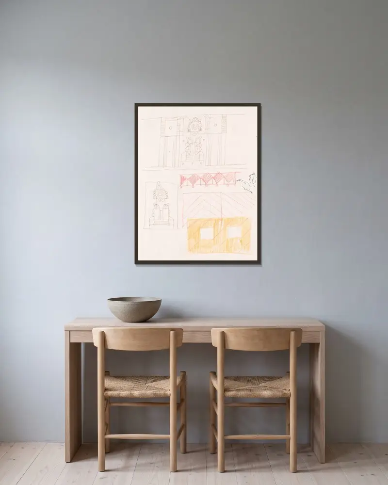 Designskisser för diverse interiörer, några möjligen kopplade till Hotel St. George, New York, NY – skiss för diverse interiör av Winold Reiss inramad på en vägg