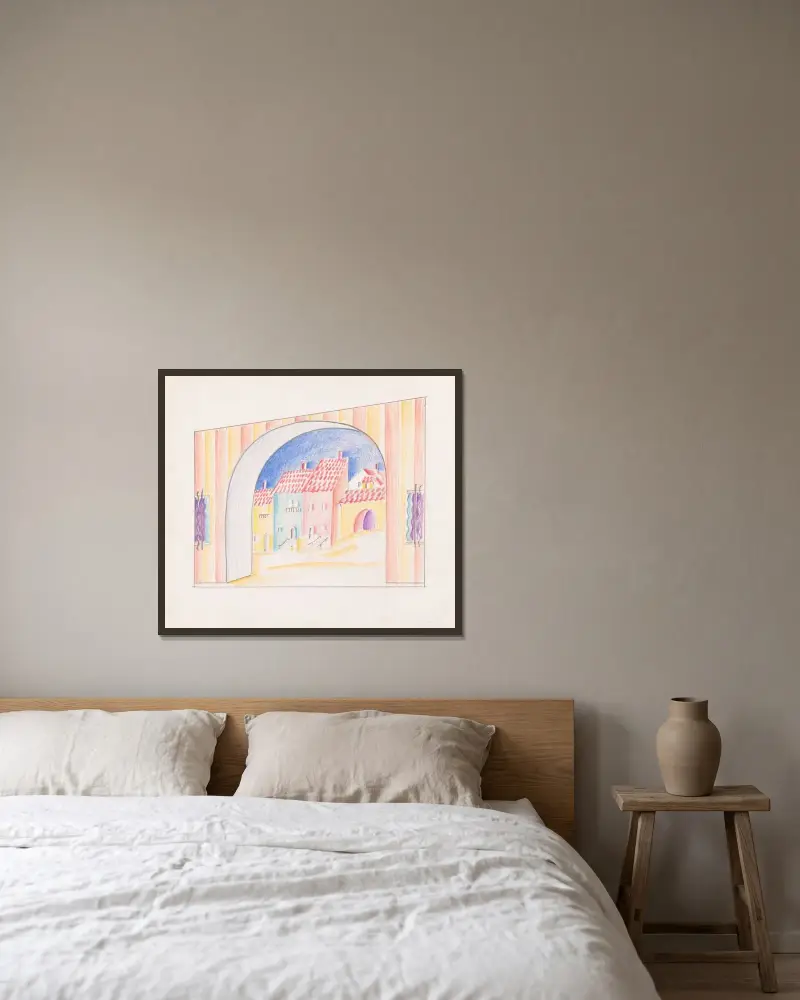 Designskisser för diverse interiörer, några möjligen kopplade till Hotel St. George, New York, NY.] [Skiss för diverse interiör. av Winold Reiss inramad på en vägg