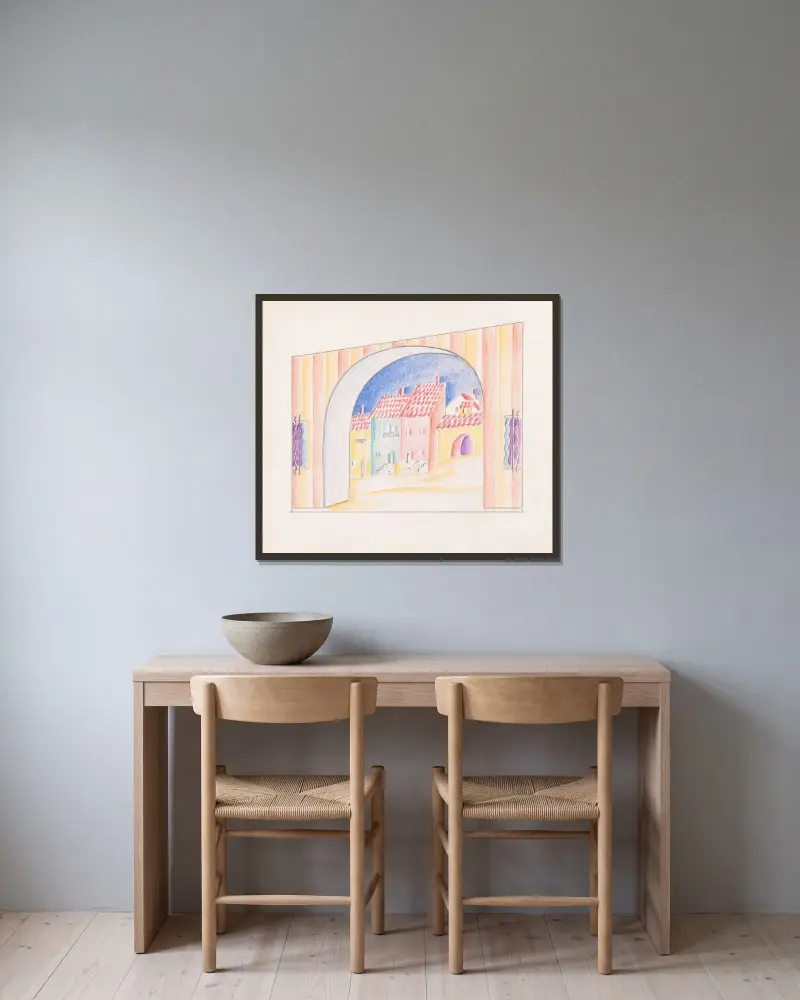 Designskisser för diverse interiörer, några möjligen kopplade till Hotel St. George, New York, NY.] [Skiss för diverse interiör. av Winold Reiss inramad på en vägg