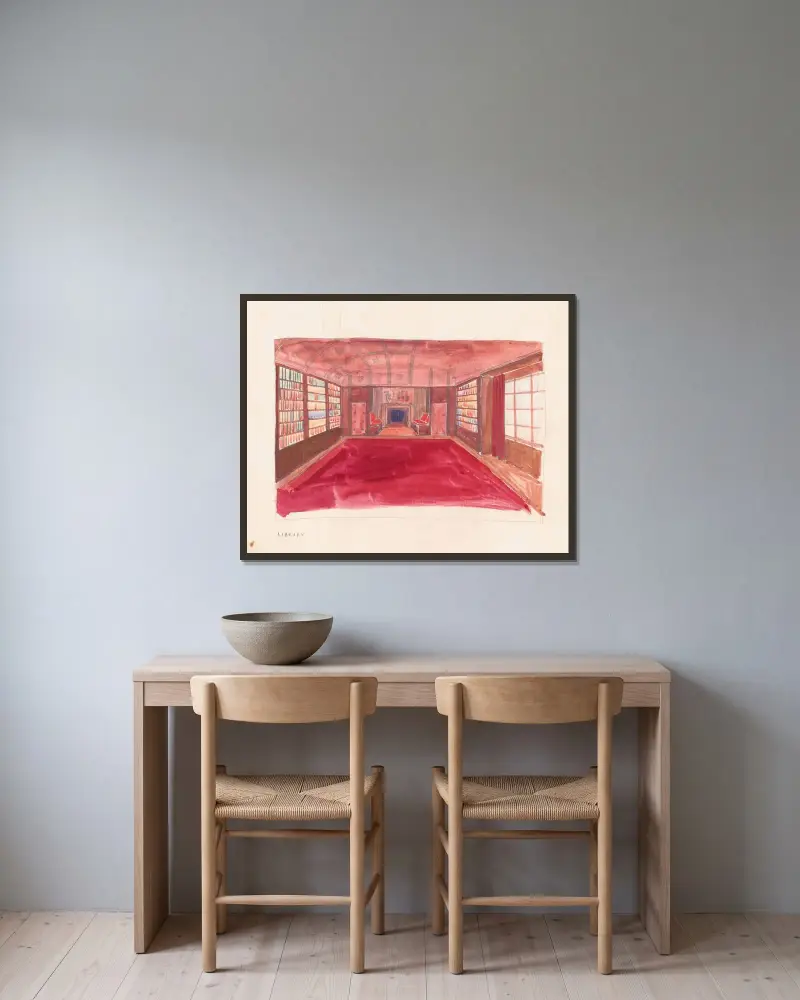 Designskisser för Theodore Weicker Apartment Building – studier för biblioteket av Winold Reiss inramad på en vägg