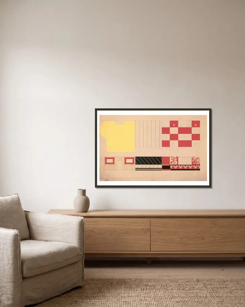 Design för restauranginredning, 56 East 56th St, New York, NY: Teckning av föreslagen inredning med färgförhöjning och muralmålningar av Winold Reiss inramad på en vägg