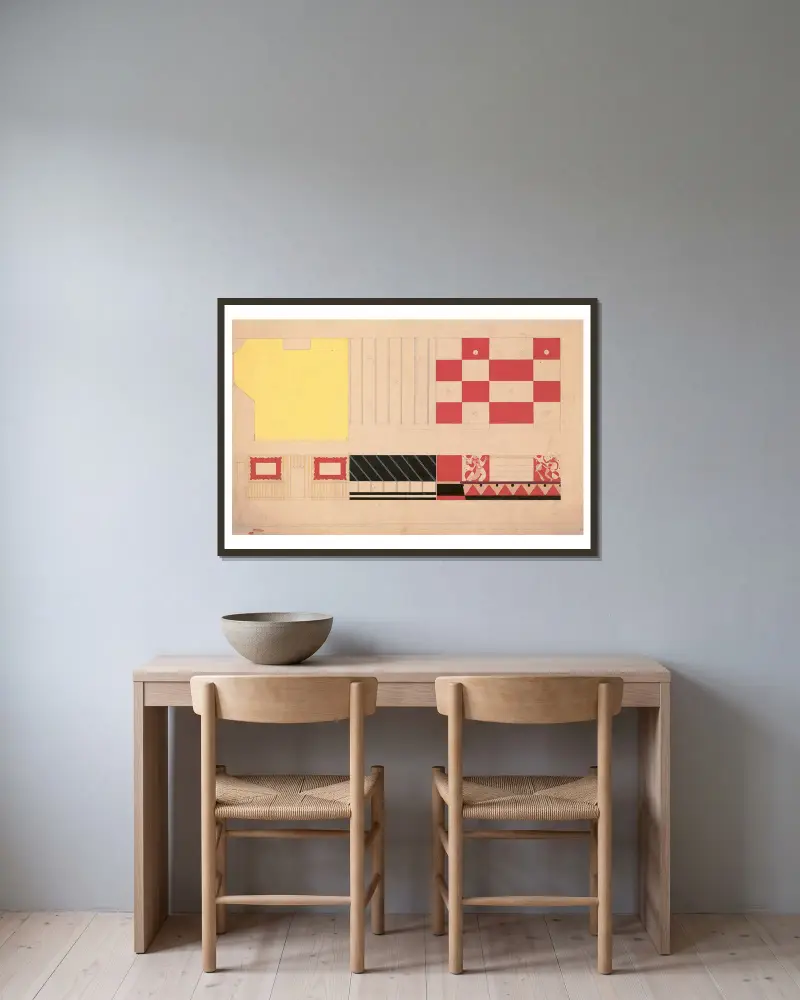 Design för restauranginredning, 56 East 56th St, New York, NY: Teckning av föreslagen inredning med färgförhöjning och muralmålningar av Winold Reiss inramad på en vägg